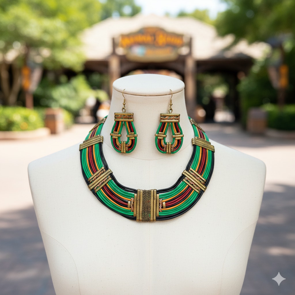 Vintage Alexis Kirk Bib Necklace Black Leather Cord Brass Egyptian Jewelry Sets